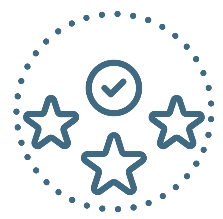 Dotted circle with three stars and tick inside the circle representing Exceptional Customer Service 